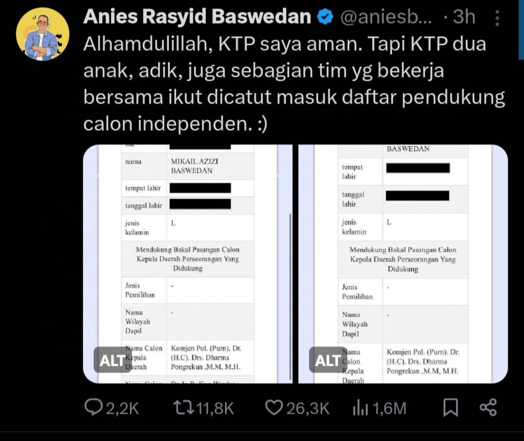 Maju Pilgub DKI Jalur Independen, Dharma-Kun Comot KTP Warga, Anak Anies Kena&nbsp;Catut